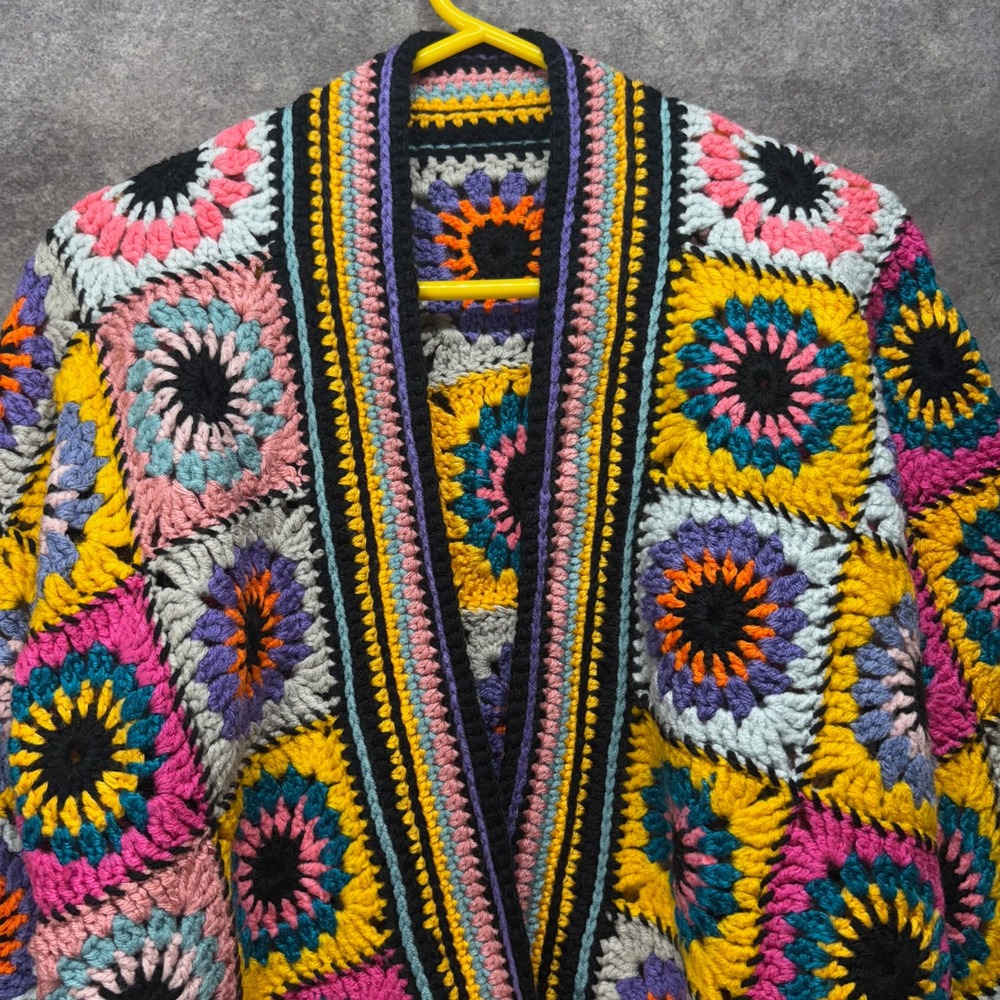 Handmade Crochet Granny Square Open Cardigan Sweater Rainbow Sunburst Size L - Picture 2 of 9
